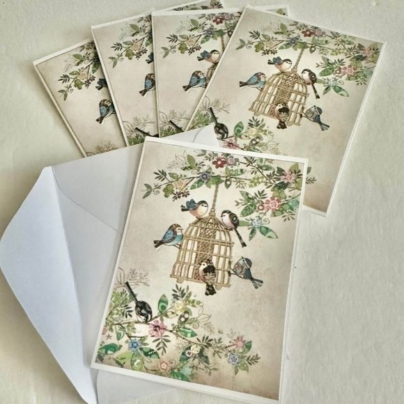 Set of 5-Birds w/Birdfeeder small handmade folded blank gift, greeting, journali - Picture 2 of 4